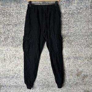 NSF Pants Womens Small Black Linen Rayon‎ Cargo Jogger Made In USA Elastic Waist